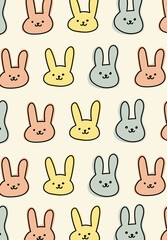 Seamless pattern of cute yellow, pink and blue rabbit heads drawn in a simple doodle style.