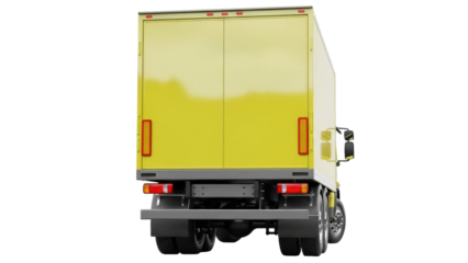Isolated yellow commercial delivery truck from back, vehicle for shipping, transportation