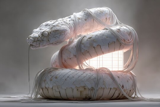 White Snake Python Reptile Wrapped Glowing Cube Light Box Programming Code Language Symbol Medical Pharmacy Health Care Technology Security Modern Minimalist Texture Creature
