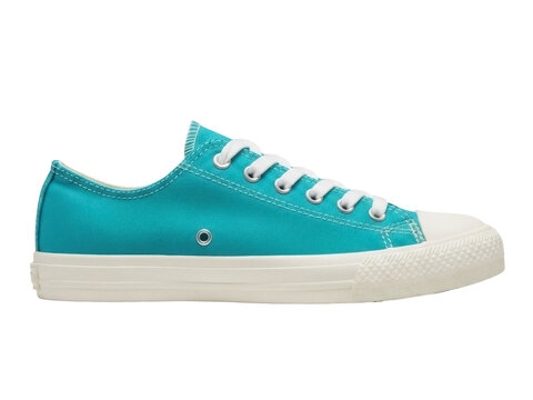 Isolated turquoise low top sneaker shoe with white laces on a neutral surface shot in studio