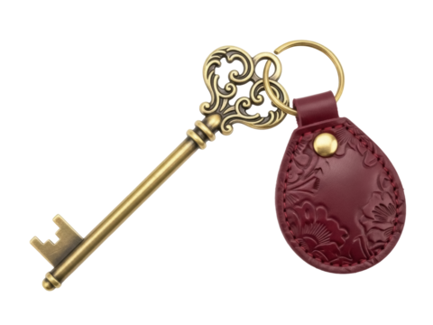 Isolated Antique Key and Burgundy Leather Keychain, Metal Ring Connector, No Background - Powered by Adobe