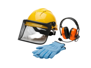 Isolated Personal Protective Equipment for work safety, yellow helmet with face shield