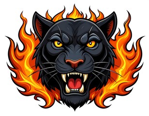 Fierce black panther cartoon head with bright orange flame halo, stylized art