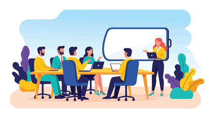 Illustration of six professionals in a modern conference room engaged in a collaborative meeting with laptops, papers, and a presentation screen, symbolizing teamwork, communication, and productivity