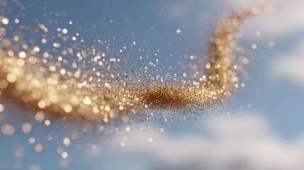 Close-up of a golden glittery substance that appears to be falling from the sky. the glitter is in the shape of a curved line, creating a sense of movement and energy.