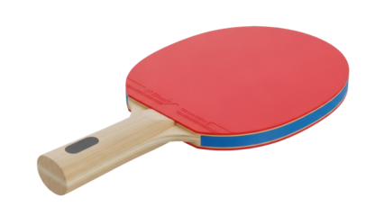 Isolated table tennis paddle with light wooden handle and red rubber playing surface side view