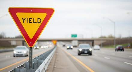 Yield road sign prominently displayed on highway, guiding drivers with clear instructions, surrounded by blurred vehicles in motion, emphasizing traffic safety and navigation