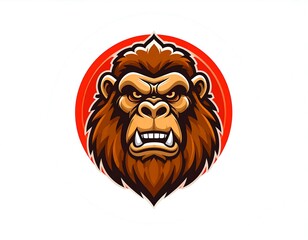 Fierce brown gorilla head in a vibrant red circle against a plain white backdrop