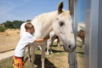 Young boy hugging white horse in ranch during summer day