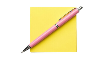Isolated pink metal pen lying on a bright yellow square sticky note pad ready for writing