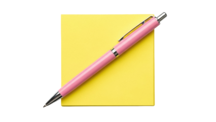 Isolated pink metal pen lying on a bright yellow square sticky note pad ready for writing