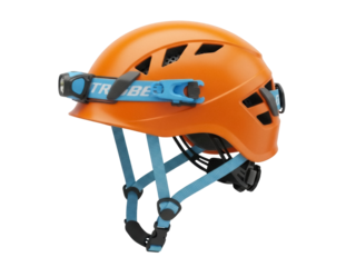 Isolated climbing helmet, orange and blue adjustable straps, for safety protection and outdoor sport