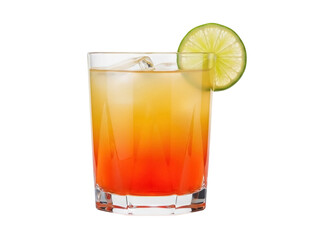 Isolated tequila sunrise cocktail with ice cubes and lime wheel garnish on a clear glass