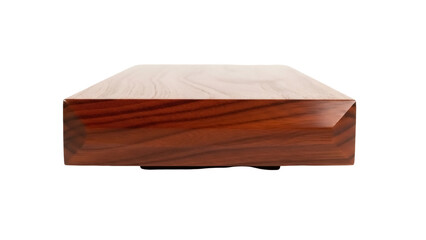 Isolated dark wood veneer square block. Decorative wooden cube against bright background