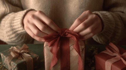 Pair of hands holding a gift box with a red ribbon tied in a bow. the hands are positioned in a way that the person is tying the ribbon around the top of the gift box.