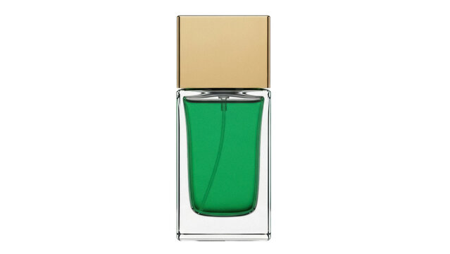 Isolated square perfume bottle with golden cap, clear glass, green liquid, stylish design