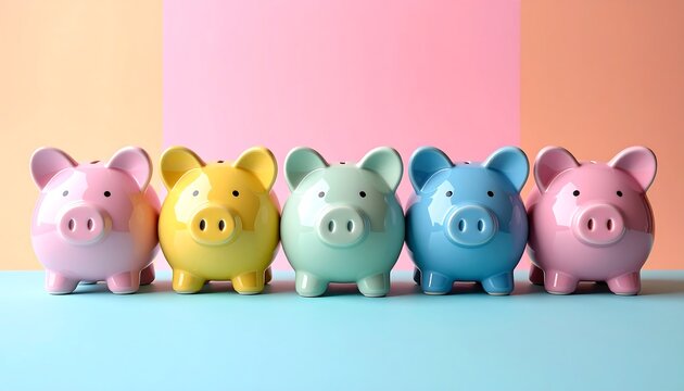 Five colorful piggy banks stand in a row against a pastel gradient backdrop, promoting savings and financial planning