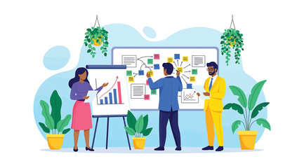 Illustration of three professionals in strategic planning meeting with charts, flowcharts, and data visuals in a modern office setting, symbolizing teamwork, collaboration, and business analysis