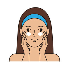 Girl applies face cream. Vector, editable stroke. Skin care - moisturizing sign.
