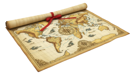Isolated vintage world map scroll with red ribbon, ancient parchment, antique treasure map