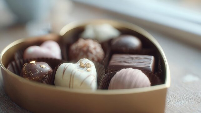 Heart-shaped box of chocolates. the box is made of a light-colored cardboard and is placed on a wooden surface. inside the box, there are several truffles of different shapes and sizes.