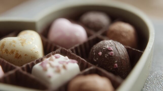 Heart-shaped box of chocolates. the box is made of light-colored wood and has a handle on the top for easy carrying. inside the box, there are nine truffles of different shapes and sizes.