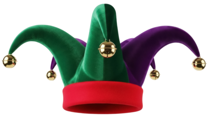 Isolated Jester's velvet hat with bells, comical headwear for clown, fun party accessory