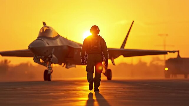 Silhouette of military pilot walking towards fighter jet at sunset on airbase runway