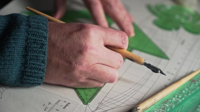 Boat designer using Technical drawing skills with plastic rulers and tools
