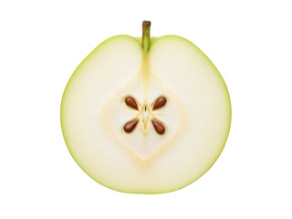 Isolated half apple section against neutral backdrop featuring brown seeds, fresh fruit