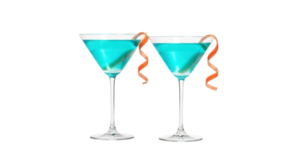 Isolated blue martini cocktails with orange zest garnish, festive drinks for celebration