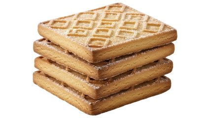 Isolated stack of golden brown square cookies dusted with powdered sugar confectionery