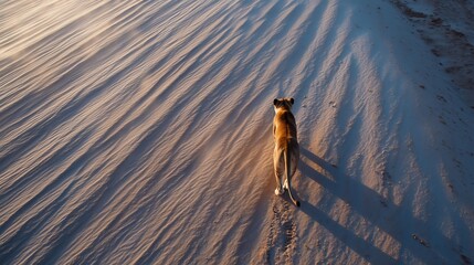 A dog walking across rippled sand dunes at sunset, casting long shadows and highlighting the serene, sandy landscape.