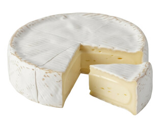 Isolated wheel of soft cheese with one slice removed, showcasing creamy yellow interior
