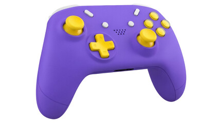 Isolated game controller in purple with yellow accents for video gaming accessory needs