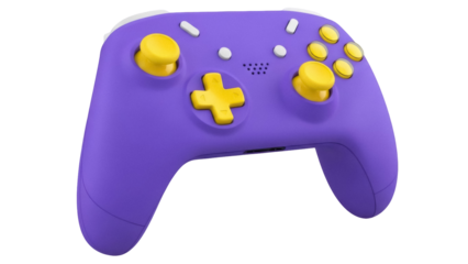 Isolated game controller in purple with yellow accents for video gaming accessory needs