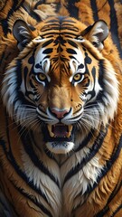 Fierce tiger portrait with striking orange and black stripes, intense gaze, and open mouth