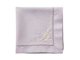 Isolated lilac-colored embroidered napkin, traditional embroidery decoration, no background