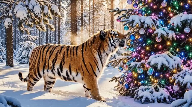 Majestic Ussuri tiger approaches a decorated Christmas tree in a snowy forest, cinematic winter atmosphere, glowing lights, photorealistic wildlife scene