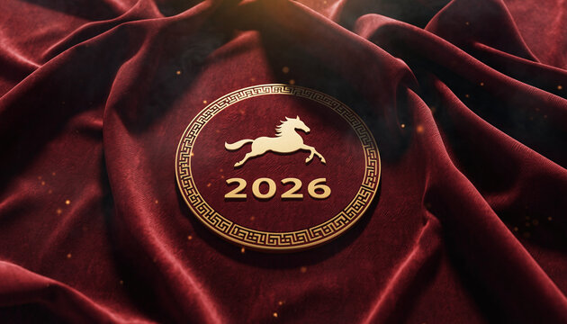 Fire Horse 2026 golden emblem on deep red silk fabric texture, soft elegant lighting, subtle shadows, high-end festive atmosphere, premium editorial style, luxury Chinese New Year background with clea