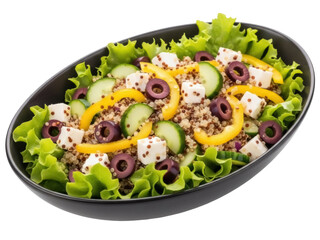 Isolated quinoa salad with lettuce, feta cheese, olives, cucumbers and yellow bell pepper
