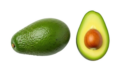 Isolated avocado and a cross section with its pit on neutral surface, healthy fat, organic food