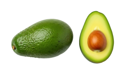 Isolated avocado and a cross section with its pit on neutral surface, healthy fat, organic food