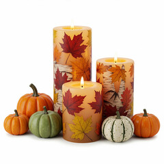 Autumn Harvest Glow Decorative Pillar Candles with Fall Leaf Designs and Assorted Pumpkins for Seasonal Home Decor and Ambiance