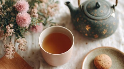 Fototapeta premium Cup of tea and a teapot on a white tablecloth. the cup is filled with a dark brown liquid, possibly tea, and is placed next to a small plate with a biscuit on it.