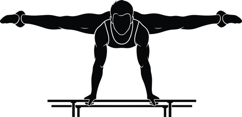 Iron cross silhouette, gymnastics strength icon, parallel bars pose, black illustration, bodyweight control gesture, athletic performance concept, upper body power profile