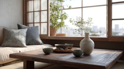 Cozy living room with a wooden coffee table in the center. on the coffee table, there is a white vase with a small plant in it.