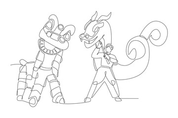 Lion and dragon dances concept one-line drawing