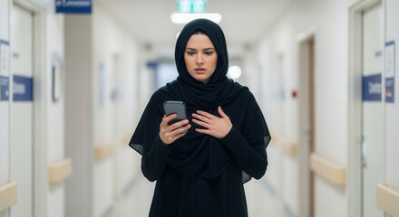 Woman in hijab in hospital hallway looking at phone, patient navigation and healthcare guidance in medical facility