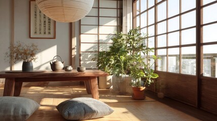 Cozy living room with a large window on the right side. the window has wooden panels that let in natural light and offers a view of the city.